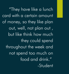 “They have like a lunch card with a certain amount of money, so they like plan out, well, not plan out , but like think how much they could spend throughout the week and not spend too much on food and drink.” -Student